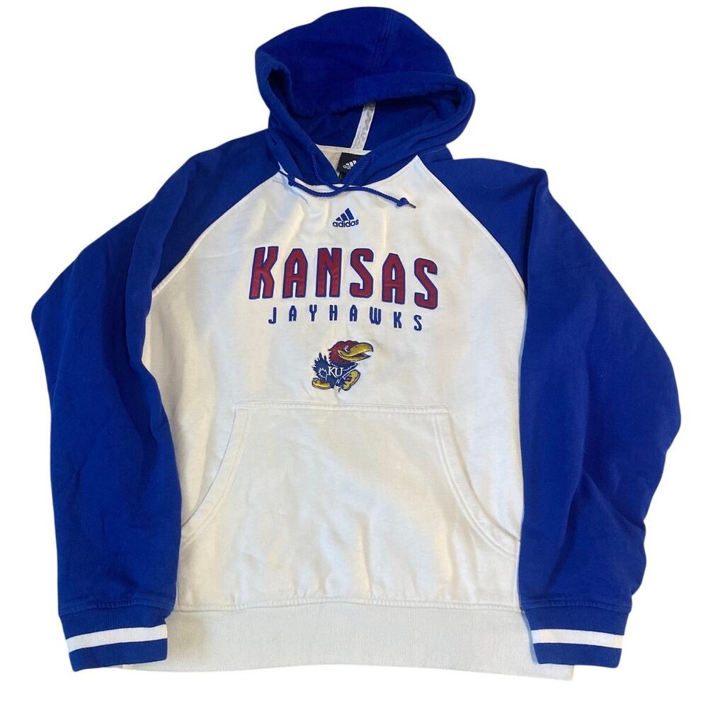Adidas Kansas Jayhawks Pullover Hoodie Men’s M Blue White Raglan Y2K Embroidered